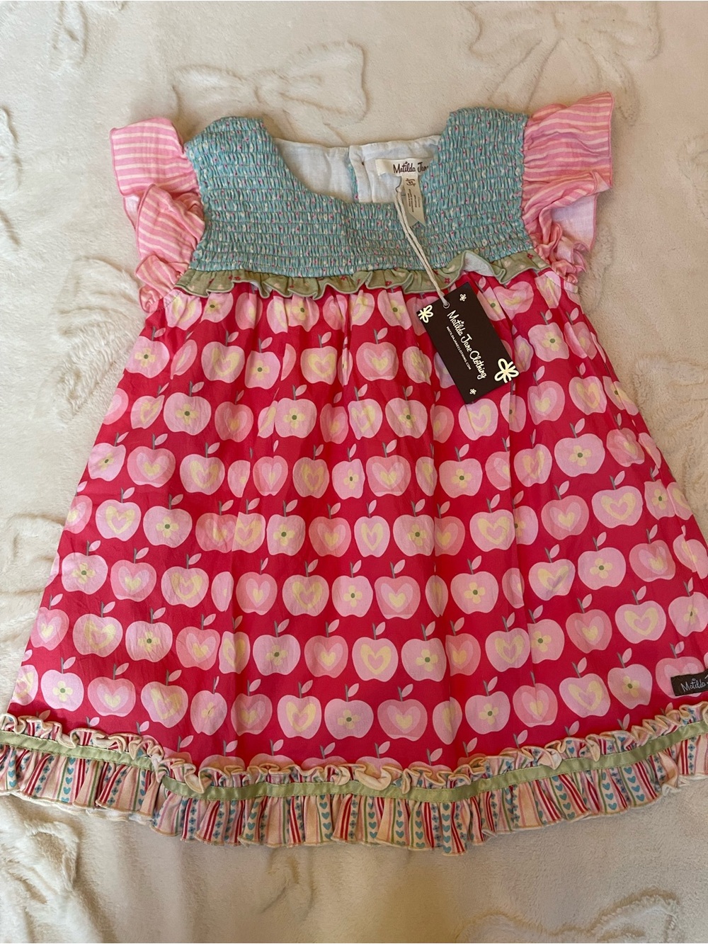 Matilda Jane Aqua Smocked Top with Pink Accent apples size 8